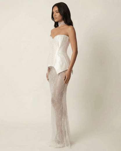 Lunaria Maxi Dress by SLIMONA, strapless lace patchwork gown with sculptural corset bodice and sheer skirt.