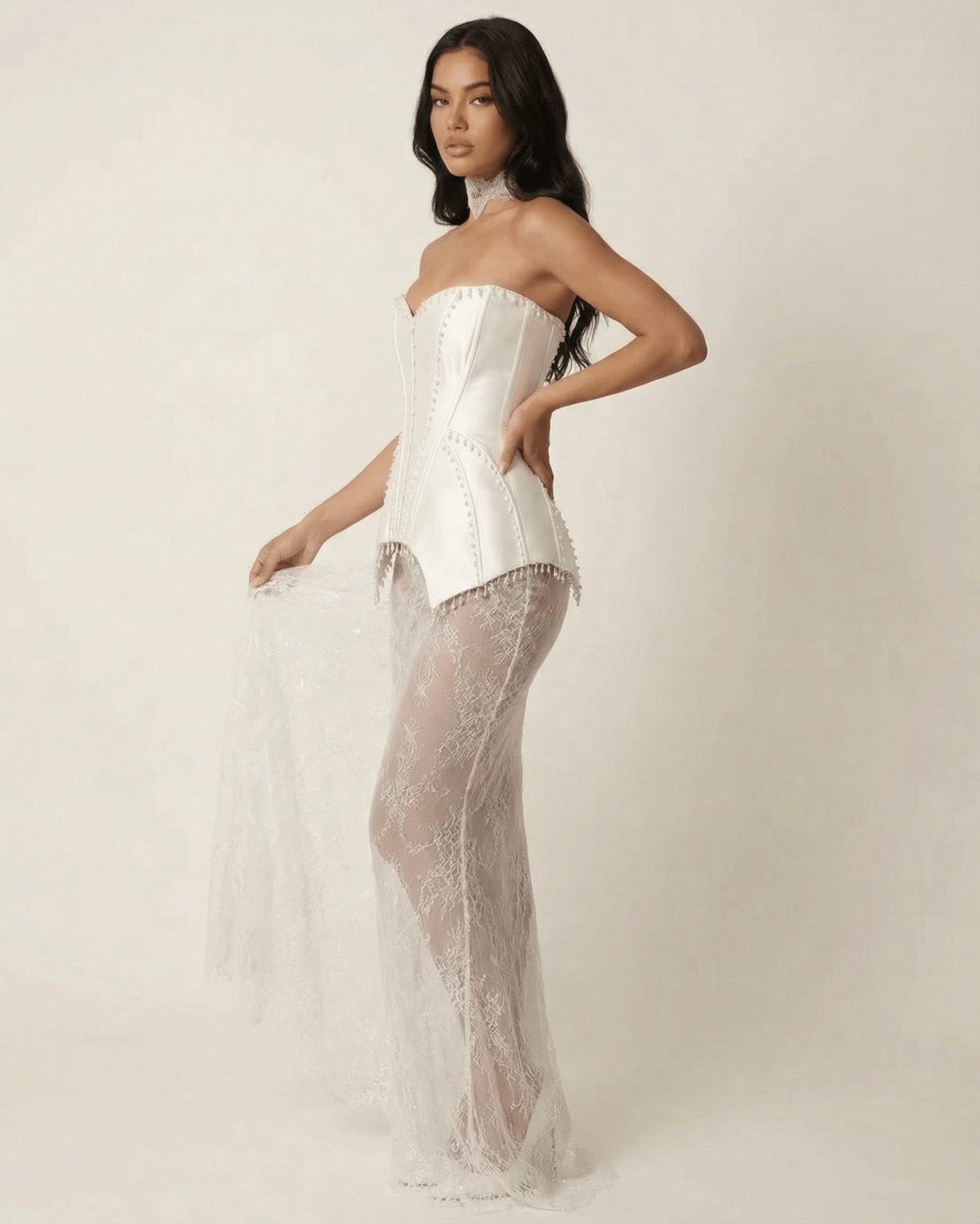 Lunaria Maxi Dress by SLIMONA featuring a strapless lace patchwork design and elegant silhouette.