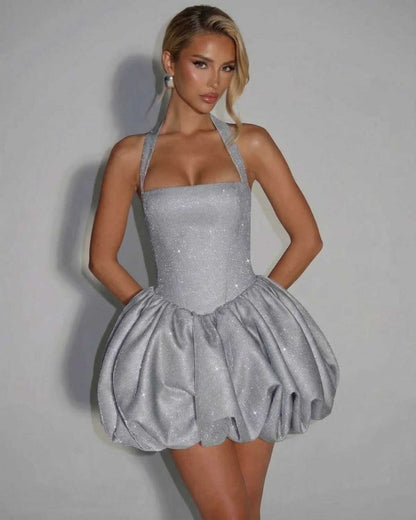 Lunaria Mini Dress by SLIMONA - Sequin pouf mini dress with sculpted silhouette and luminous silver finish.