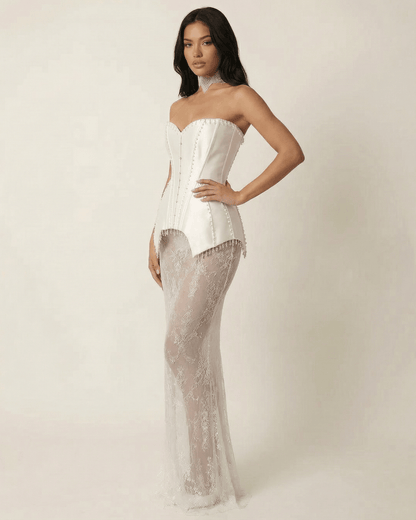 Lunaria Maxi Dress by SLIMONA featuring a strapless lace patchwork design and sculptural corset bodice.