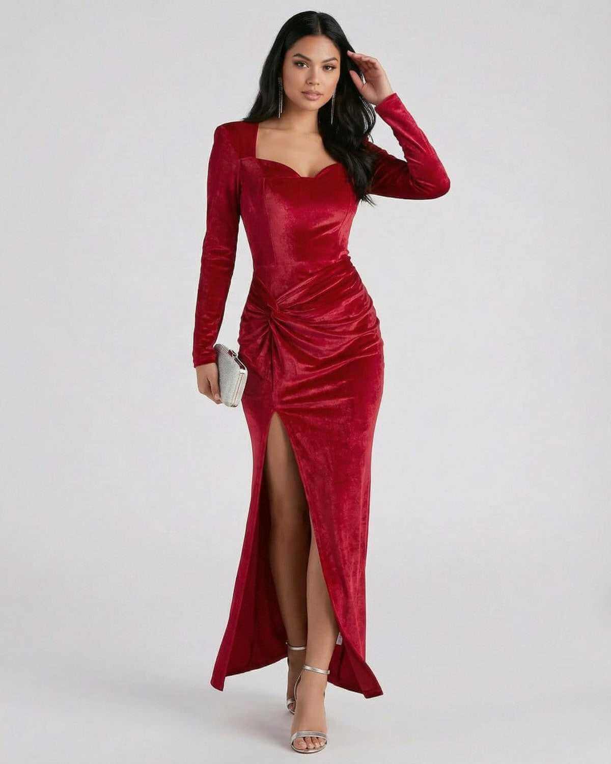 Lyra Maxi Dress by SLIMONA, elegant red velvet long sleeve dress with slit and square neckline.
