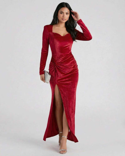 Lyra Maxi Dress by SLIMONA, elegant red velvet long sleeve dress with slit and square neckline.