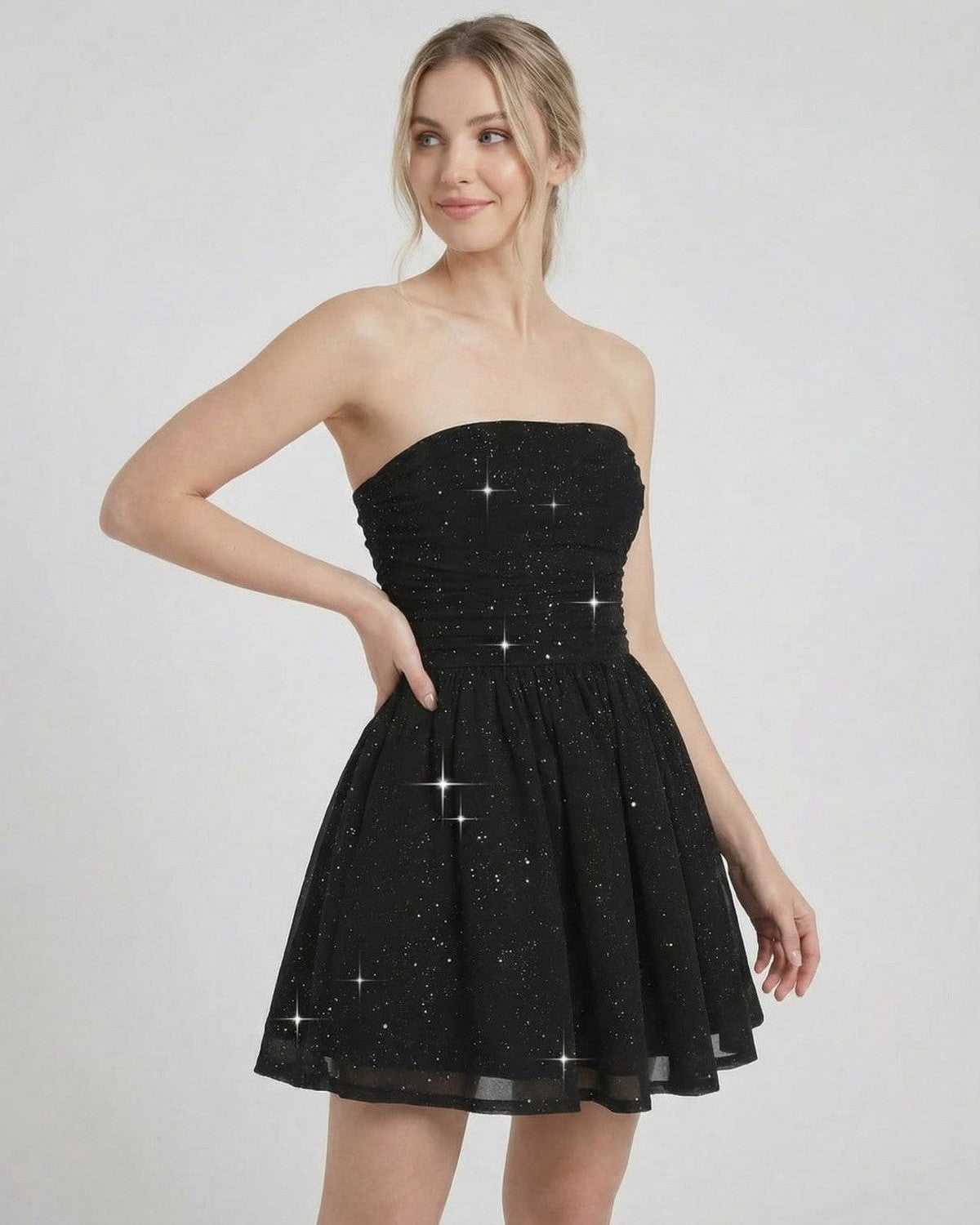 Lyra Mini Dress by SLIMONA, strapless A-line silhouette with bow detail, sparkling black mini dress.