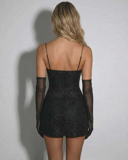 Back view of the Lyra Mini Dress by Lauven, a sequin V-neck bodycon mini with high-waist silhouette.
