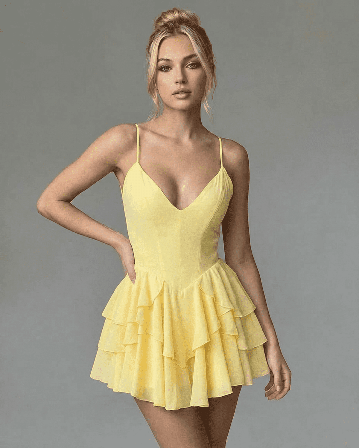 Marigold Mini Dress by SLIMONA, featuring a plunging V-neckline and tiered ruffle skirt, perfect for parties.