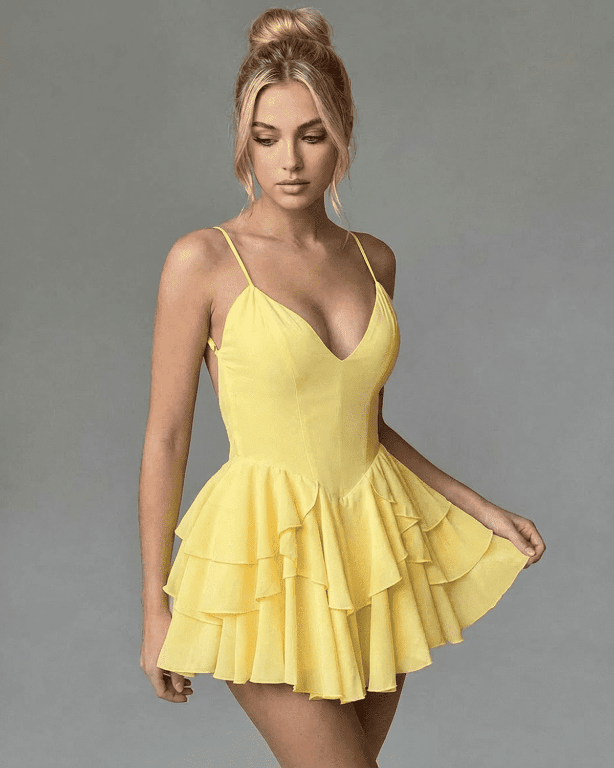 Marigold Mini Dress by SLIMONA - V-Neck Spaghetti Strap Ruffle Party Mini Dress in vibrant yellow.