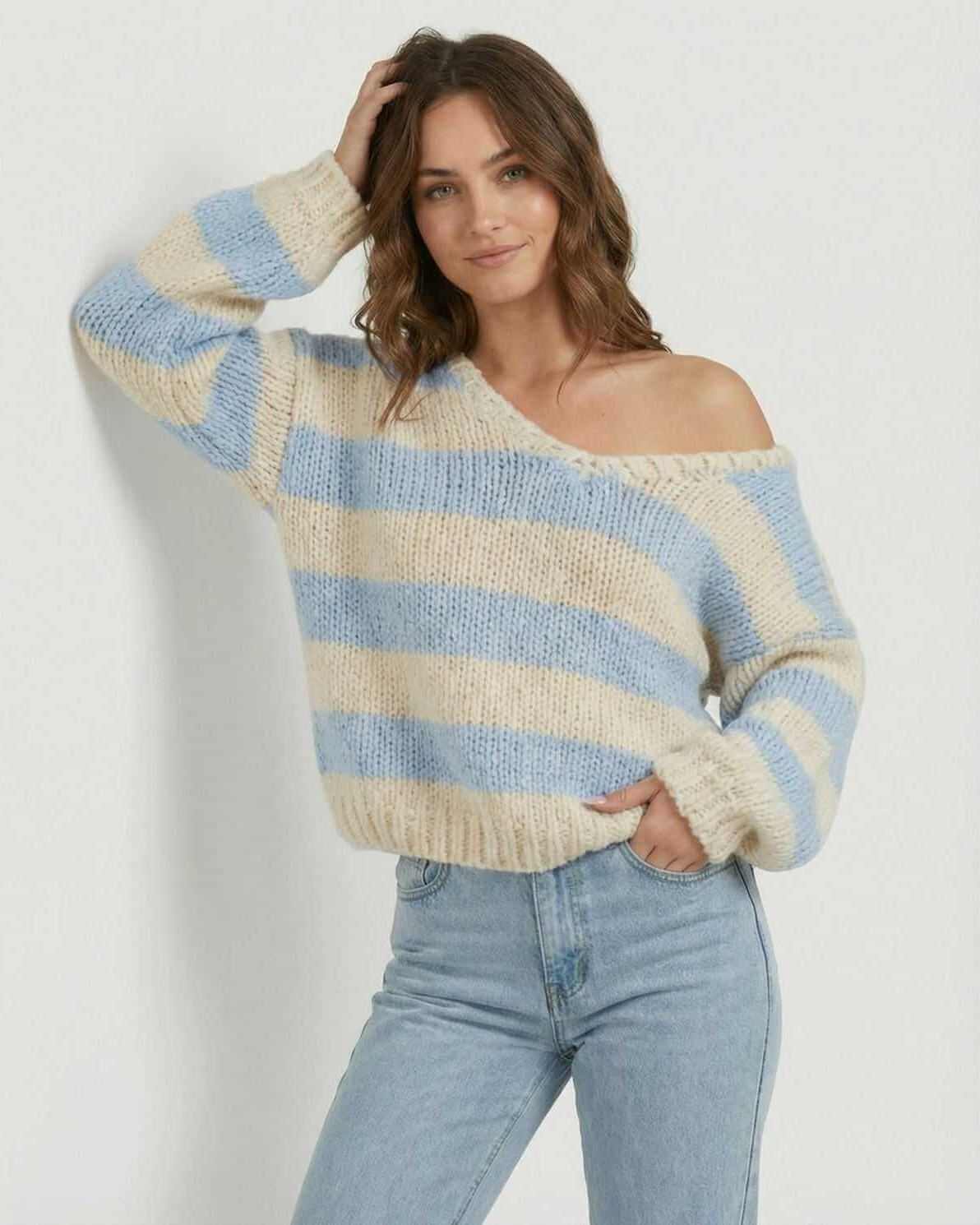 Marina Pullover by Lauven - Striped V-Neck Knit in light blue and ivory, offering a relaxed silhouette.