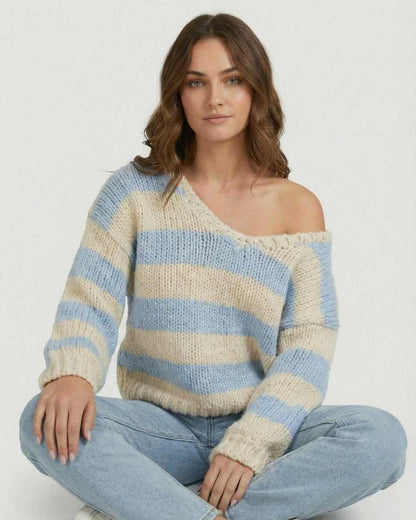 Marina Pullover by Lauven, a stylish striped V-neck knit sweater in light blue and ivory shades.