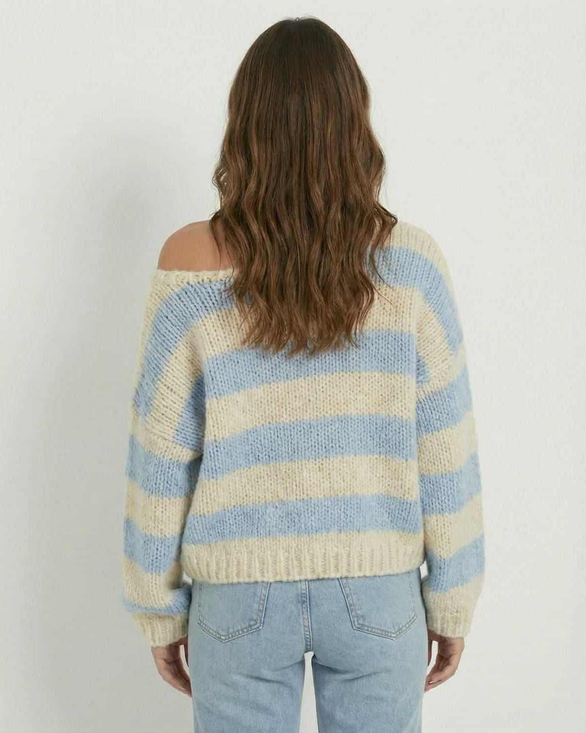 Marina Pullover by Lauven - Striped V-Neck Knit Sweater in Light Blue and Ivory, Relaxed Fit