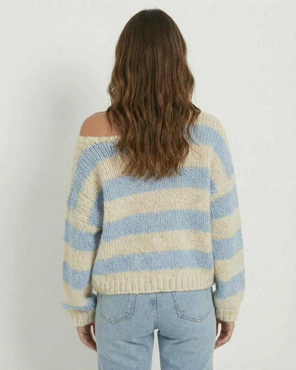 Marina Pullover by Lauven - Striped V-Neck Knit Sweater in Light Blue and Ivory, Relaxed Fit