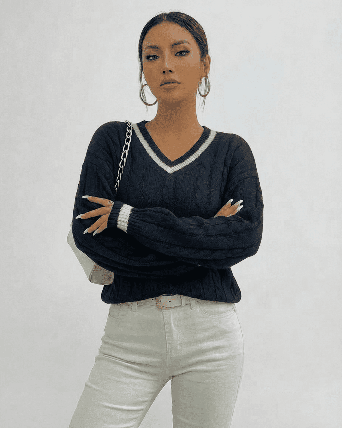 Marina Sweater by SLIMONA - Cable Knit V-Neck Pullover in black, perfect for stylish everyday wear.