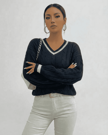 Marina Sweater by SLIMONA - Cable Knit V-Neck Pullover in black, perfect for stylish everyday wear.