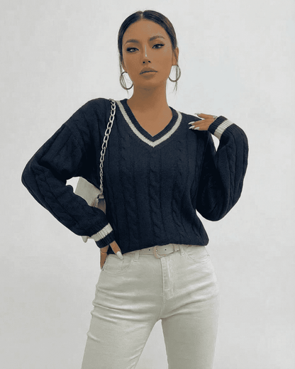 Marina Sweater by SLIMONA - Women’s cable knit V-neck pullover for stylish everyday wear.