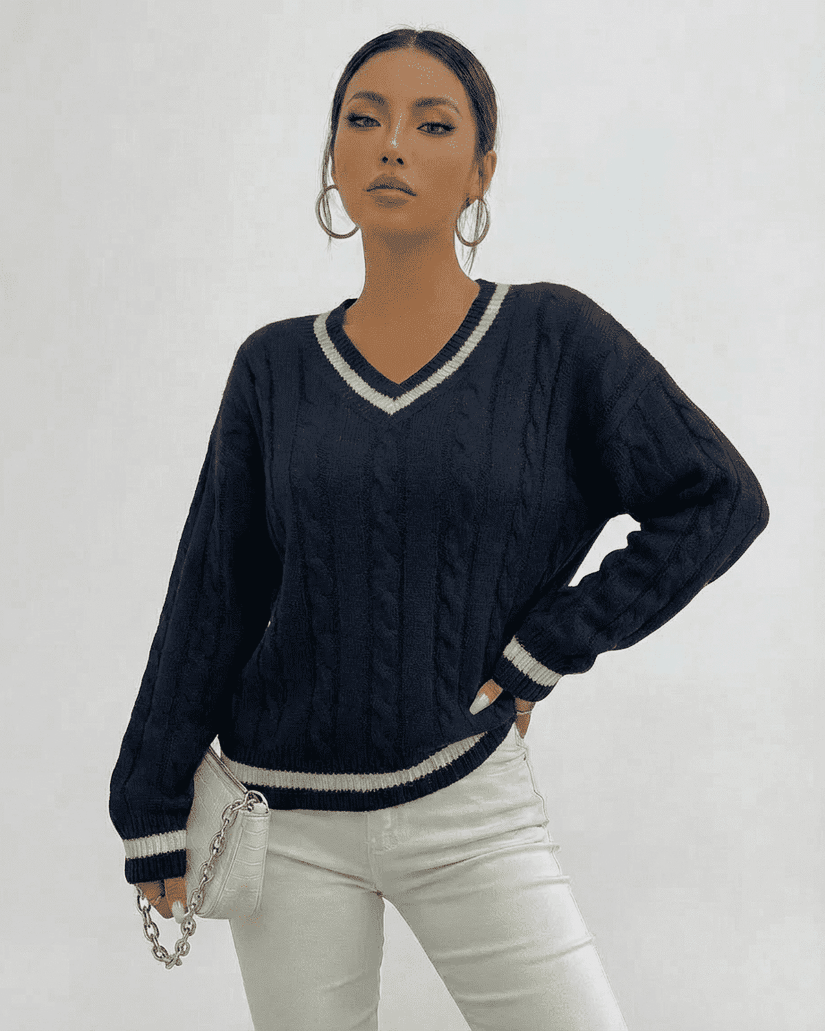 Marina Sweater by SLIMONA in black cable knit with V-neck design, perfect for everyday elegance.