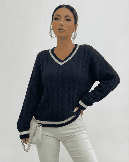 Marina Sweater by SLIMONA in black cable knit with V-neck design, perfect for everyday elegance.