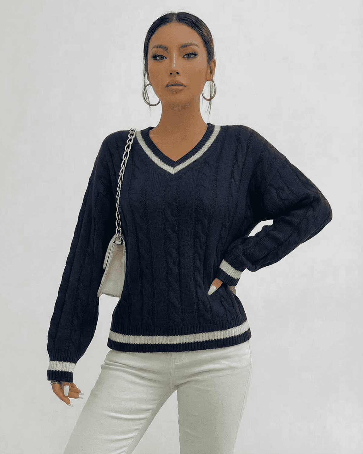 Marina Sweater by SLIMONA, cable knit V-neck pullover, stylish and comfortable for everyday wear.