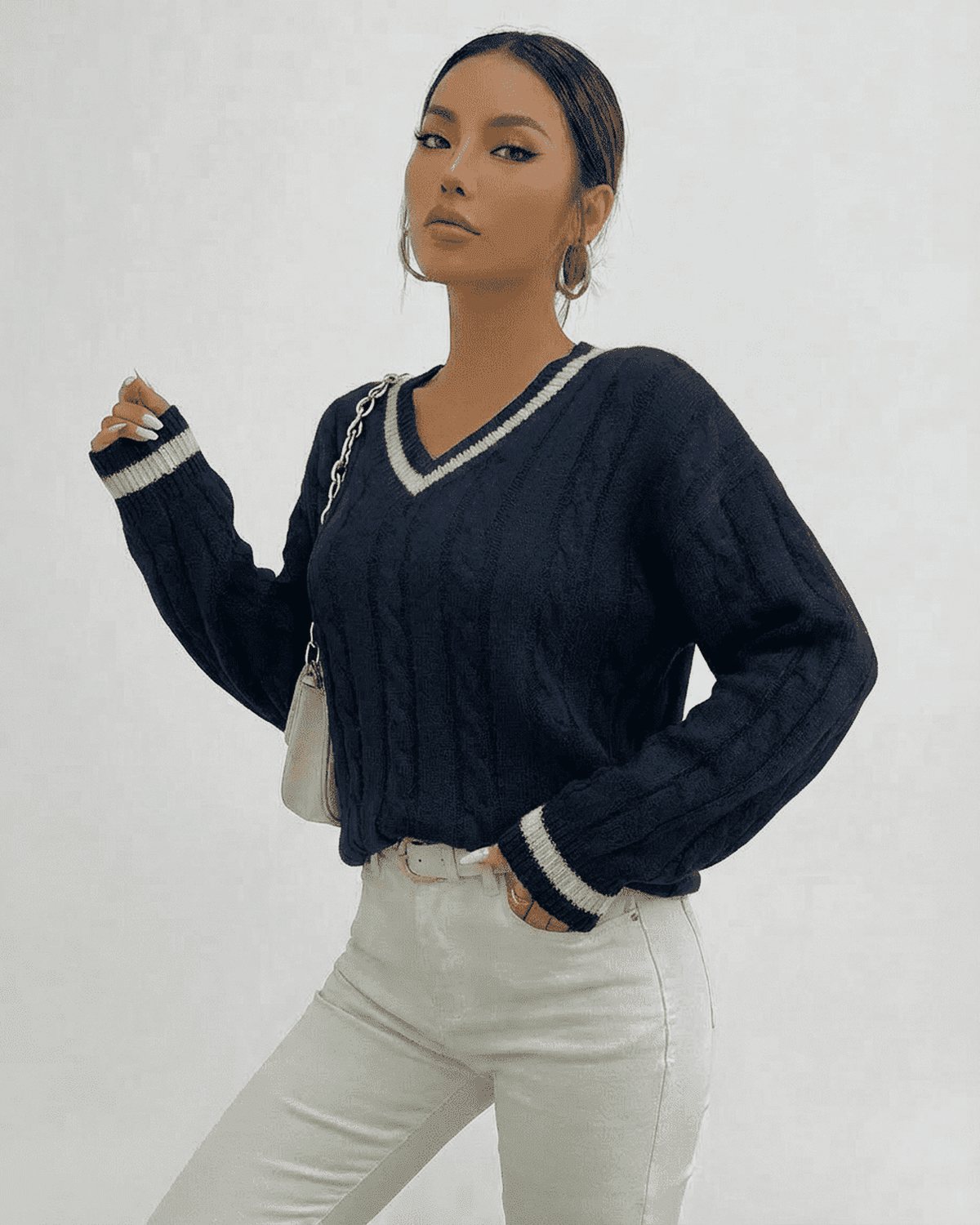 Marina Sweater by SLIMONA, cable knit V-neck pullover in navy, perfect for casual and chic outfits.