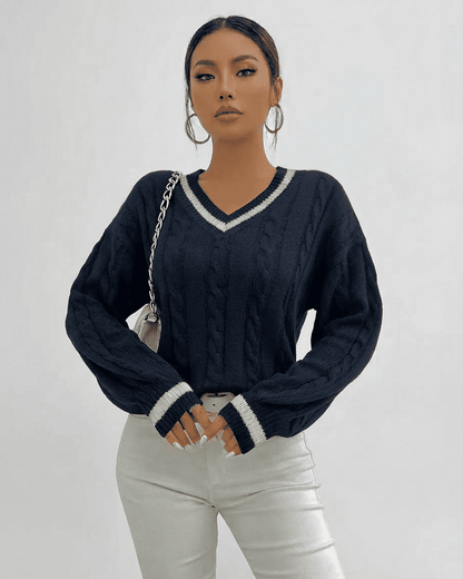 Marina Sweater by SLIMONA, cable knit V-neck pullover in black, stylish and comfortable for everyday wear.