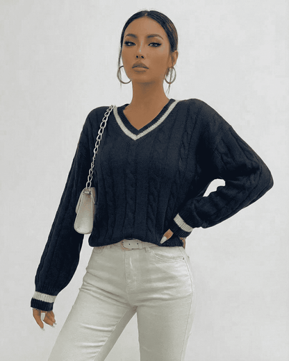 Marina Sweater by SLIMONA in cable knit v-neck style, perfect for modern everyday wear.