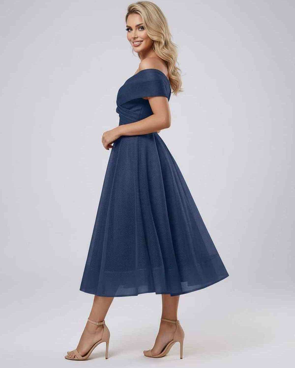 Maris Midi Dress by Lauven, elegant navy off shoulder evening dress with pleated skirt.