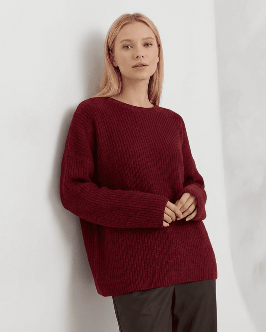 Marlo Sweater by SLIMONA in burgundy, showcasing loose fit ribbed knitwear with round neck.