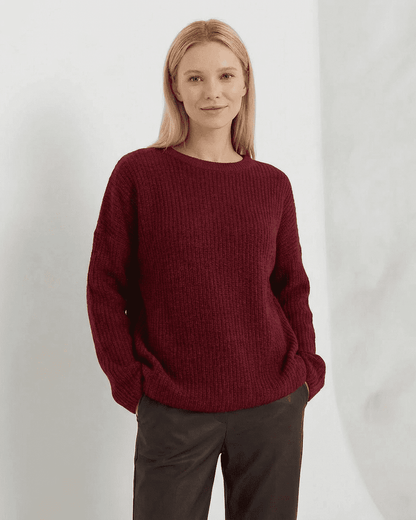 Marlo Sweater by SLIMONA, a loose fit ribbed knitwear in burgundy, perfect for cozy fall and winter styles.