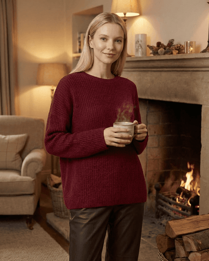 Marlo Sweater by SLIMONA - Loose fit ribbed knitwear in burgundy, perfect for cozy fall and winter styling.