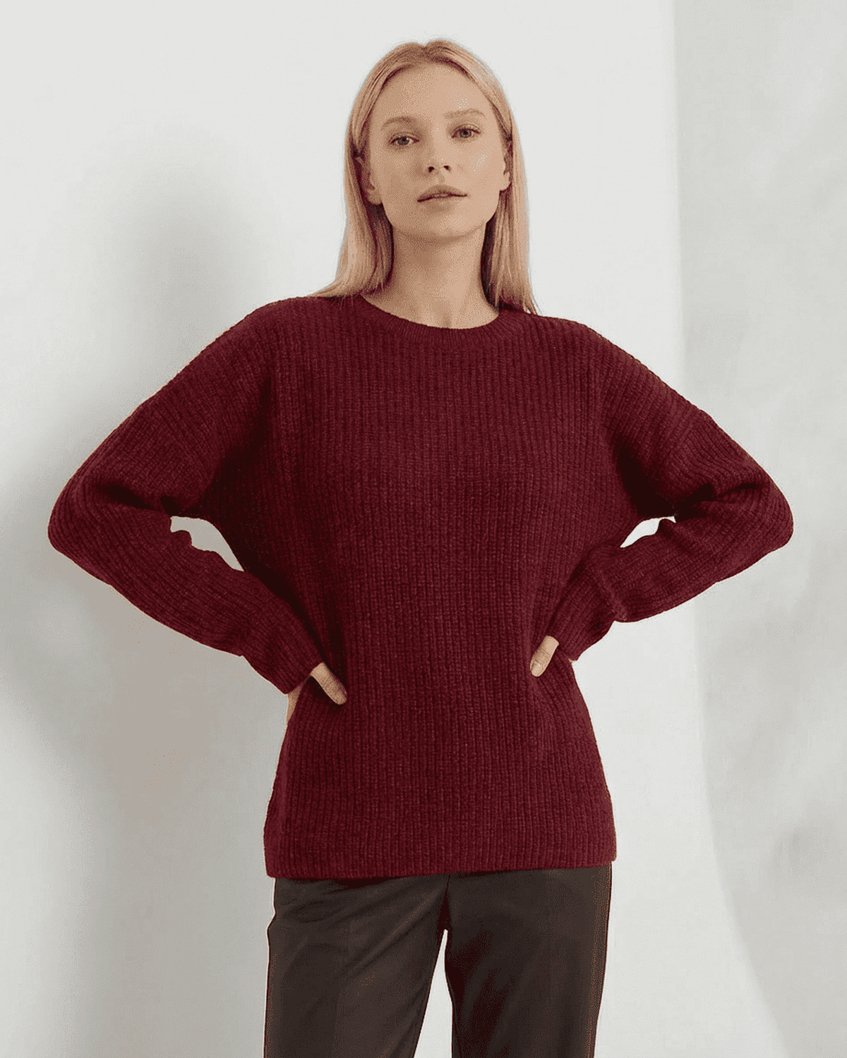 Marlo Sweater by SLIMONA featuring a loose fit, ribbed knit design in burgundy, perfect for cozy fall and winter styling.