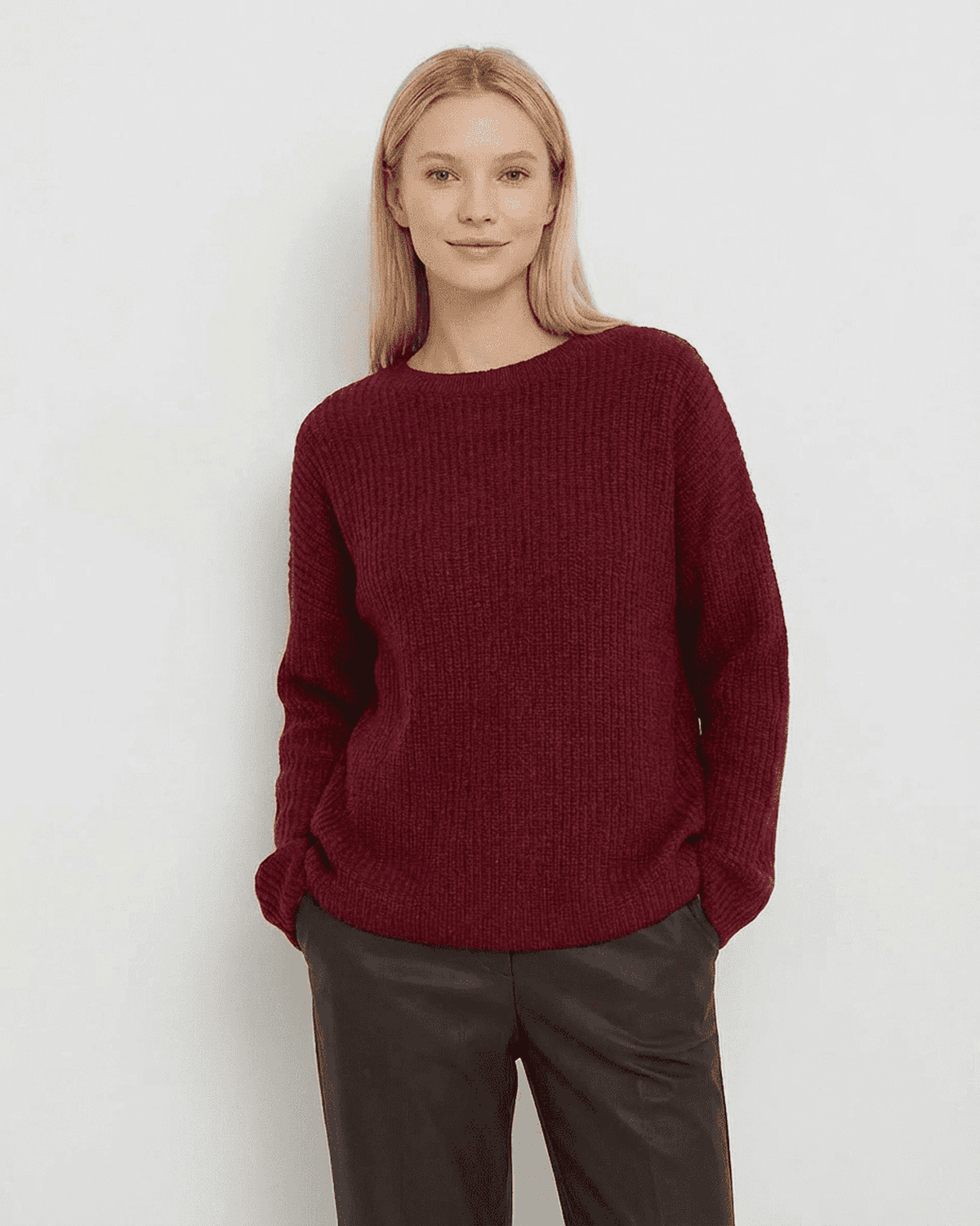 Marlo Sweater by SLIMONA - Cozy loose fit ribbed knitwear in burgundy, perfect for fall and winter styling.