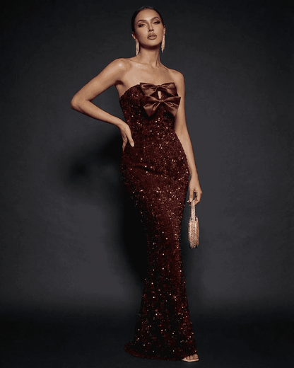 SLIMONA Marquise Maxi Dress - Strapless Bow Sequin Maxi Party Dress with thigh-high slit