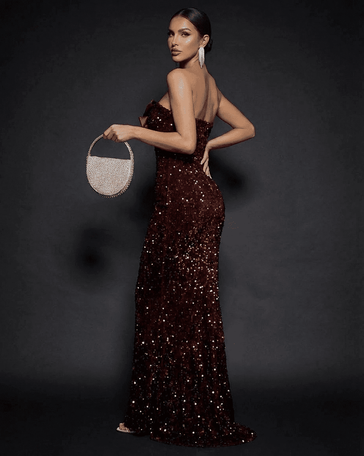 Elegant Marquise Maxi Dress by SLIMONA featuring a strapless design and shimmering sequins, perfect for parties.