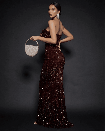 Elegant Marquise Maxi Dress by SLIMONA featuring a strapless design and shimmering sequins, perfect for parties.
