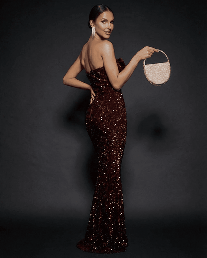 Marquise Maxi Dress by SLIMONA, showcasing a strapless sequin design and thigh-high slit for evening elegance.