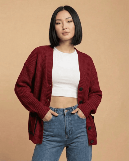 Merano Cardigan by SLIMONA, relaxed fit V-neck knit with color block design, perfect for everyday layering.