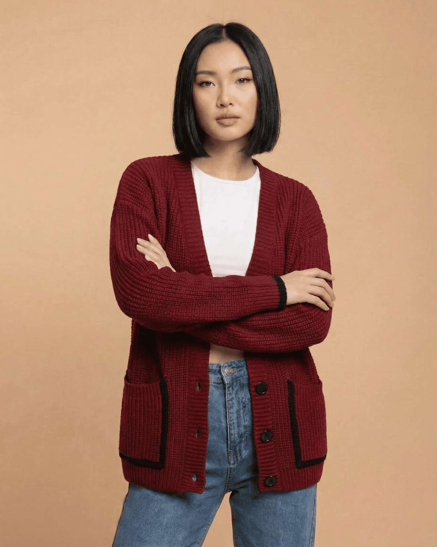 SLIMONA Merano Cardigan - Loose fit V-neck color block knit for effortless everyday layering.