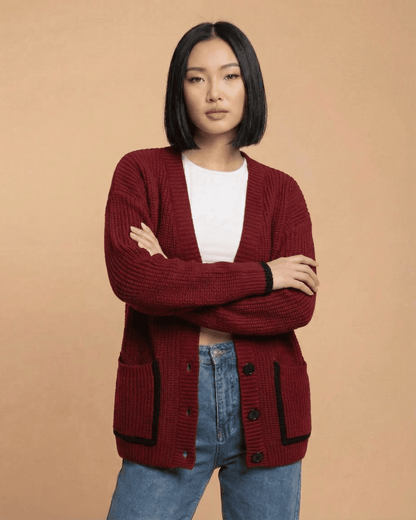 SLIMONA Merano Cardigan - Loose fit V-neck color block knit for effortless everyday layering.