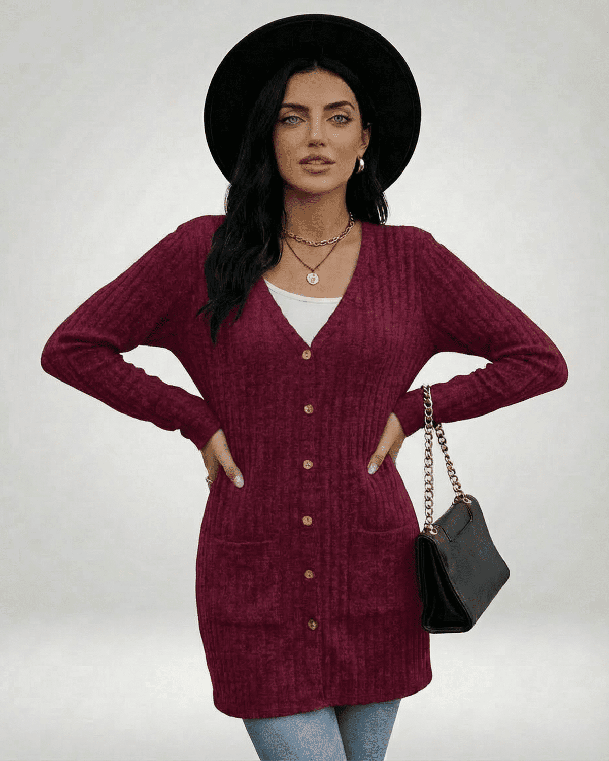 SLIMONA Merlot Cardigan - Longline button-front knitwear with a classic V-neckline and long sleeves.