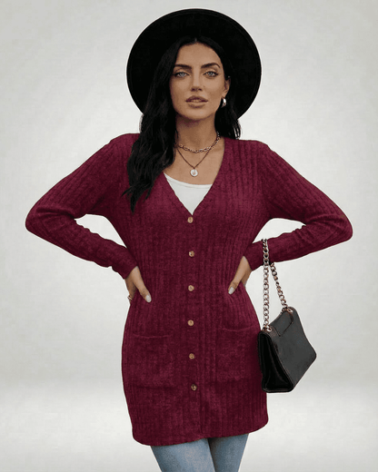SLIMONA Merlot Cardigan - Longline button-front knitwear with a classic V-neckline and long sleeves.