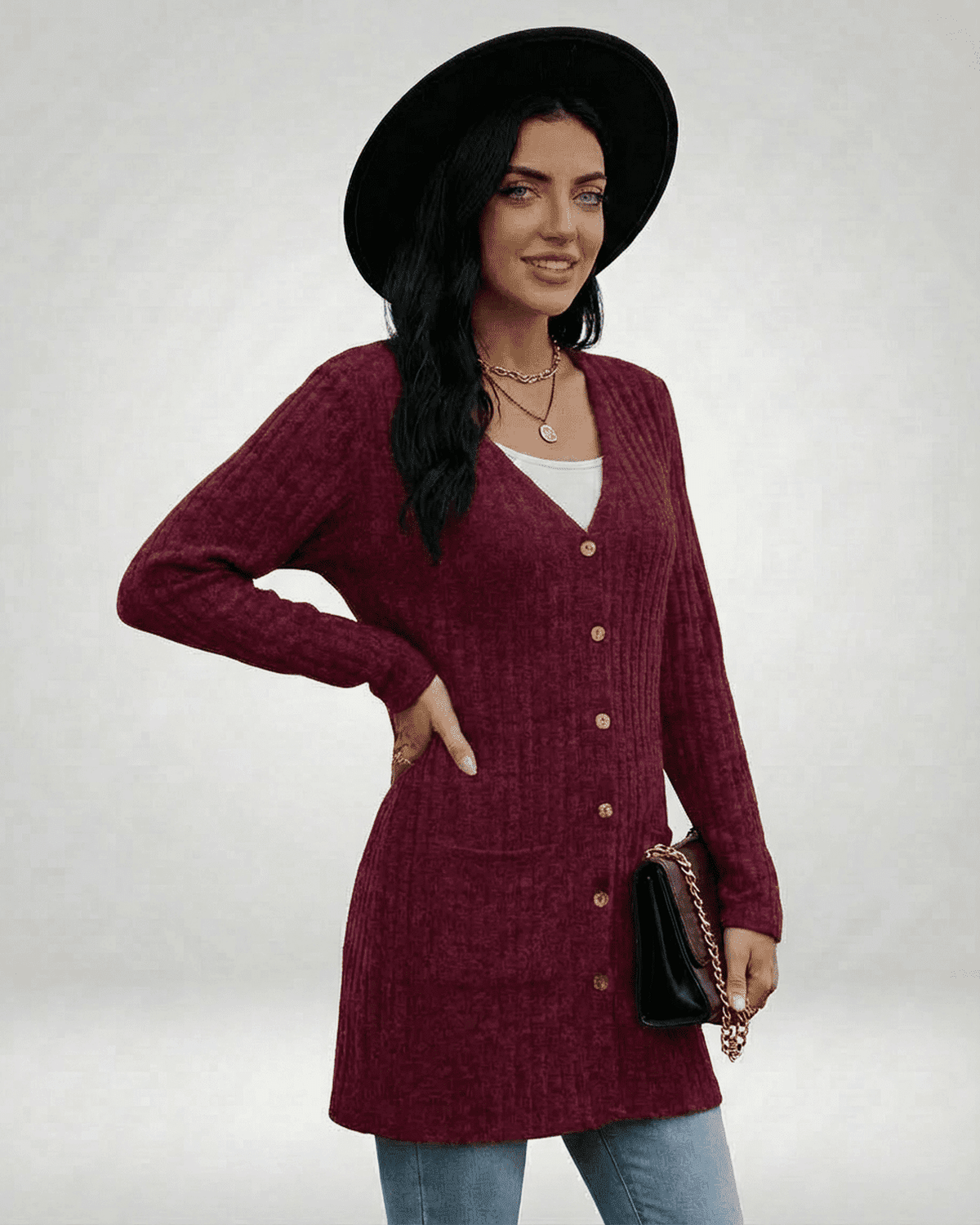Merlot Cardigan by SLIMONA, longline knitwear with buttons for a polished everyday look.