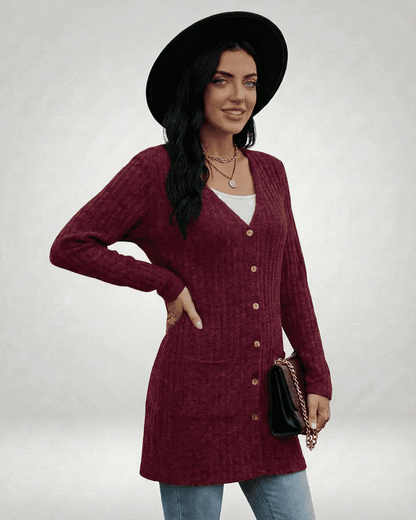 Merlot Cardigan by SLIMONA, longline knitwear with buttons for a polished everyday look.