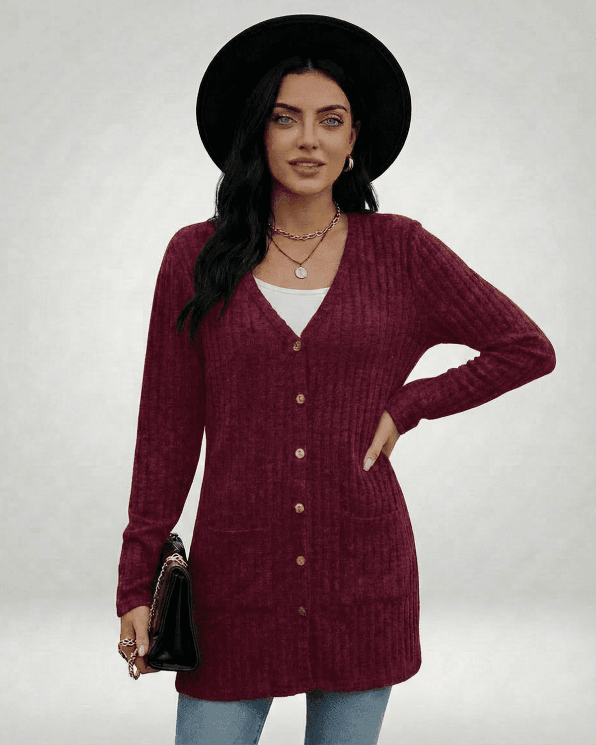 Merlot Cardigan by SLIMONA, a stylish longline button-front knitwear piece in rich burgundy.