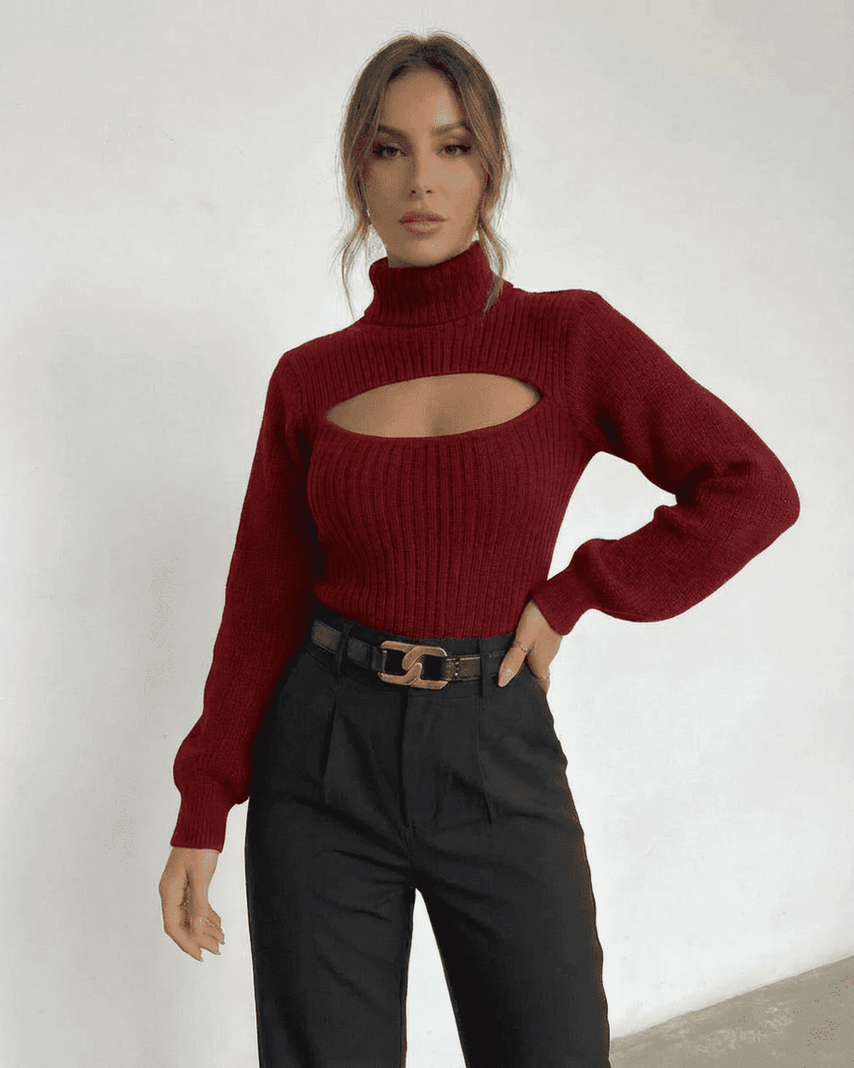 Merlot Sweater by SLIMONA featuring a mock neck and ribbed knit design, perfect for a modern fall look.
