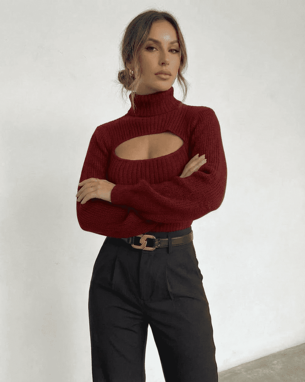 Merlot Sweater by SLIMONA featuring a mock neck and cut-out design, perfect for stylish fall and winter outfits.