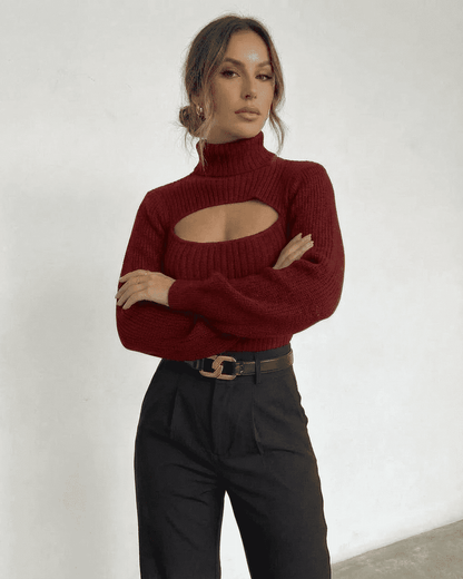 Merlot Sweater by SLIMONA featuring a mock neck and cut-out design, perfect for stylish fall and winter outfits.
