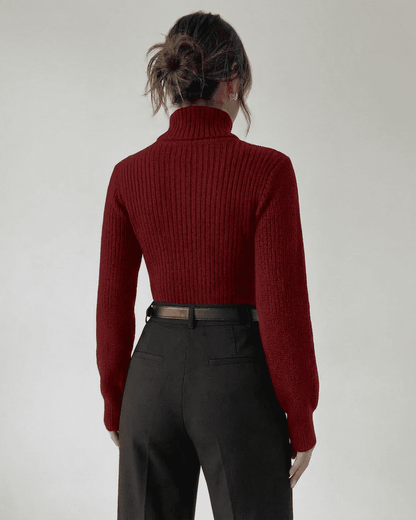 Back view of the SLIMONA Merlot Sweater showcasing the mock neck and ribbed knit design.
