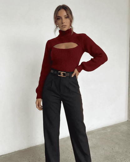 Merlot Sweater by SLIMONA - Mock neck cut out ribbed knit design, ideal for modern women's fall and winter fashion.