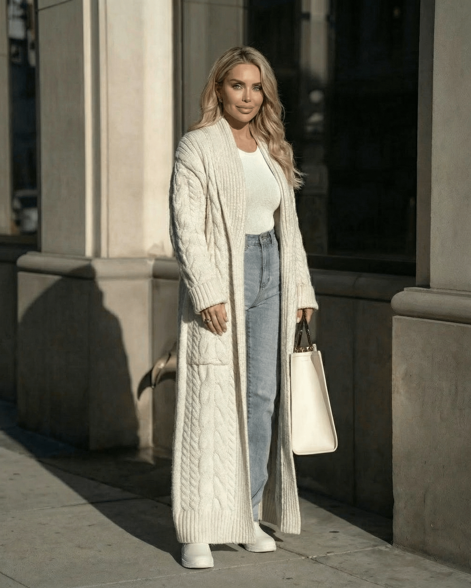 Milano Cardigan styled with denim and a white top, showcasing Lauven's elegant long cable-knit design.