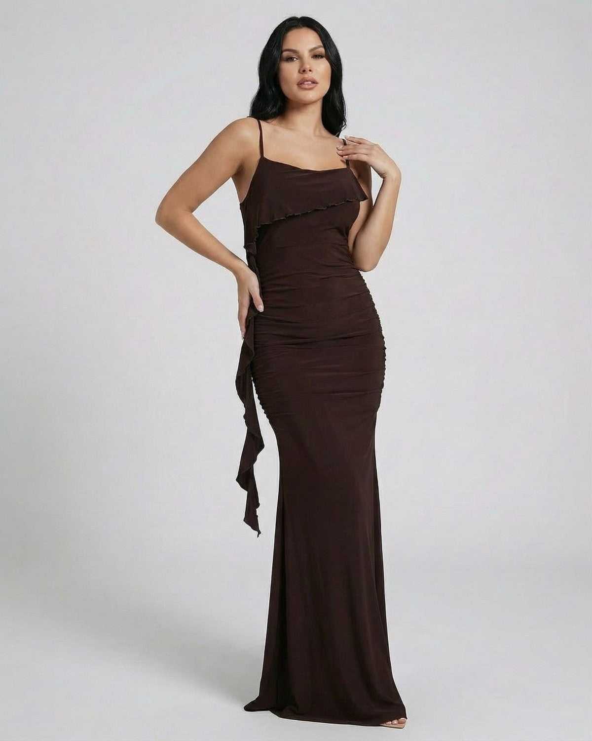 Mocha Maxi Dress by SLIMONA, sleeveless slip dress with fringe detail and smooth stretch fabric.