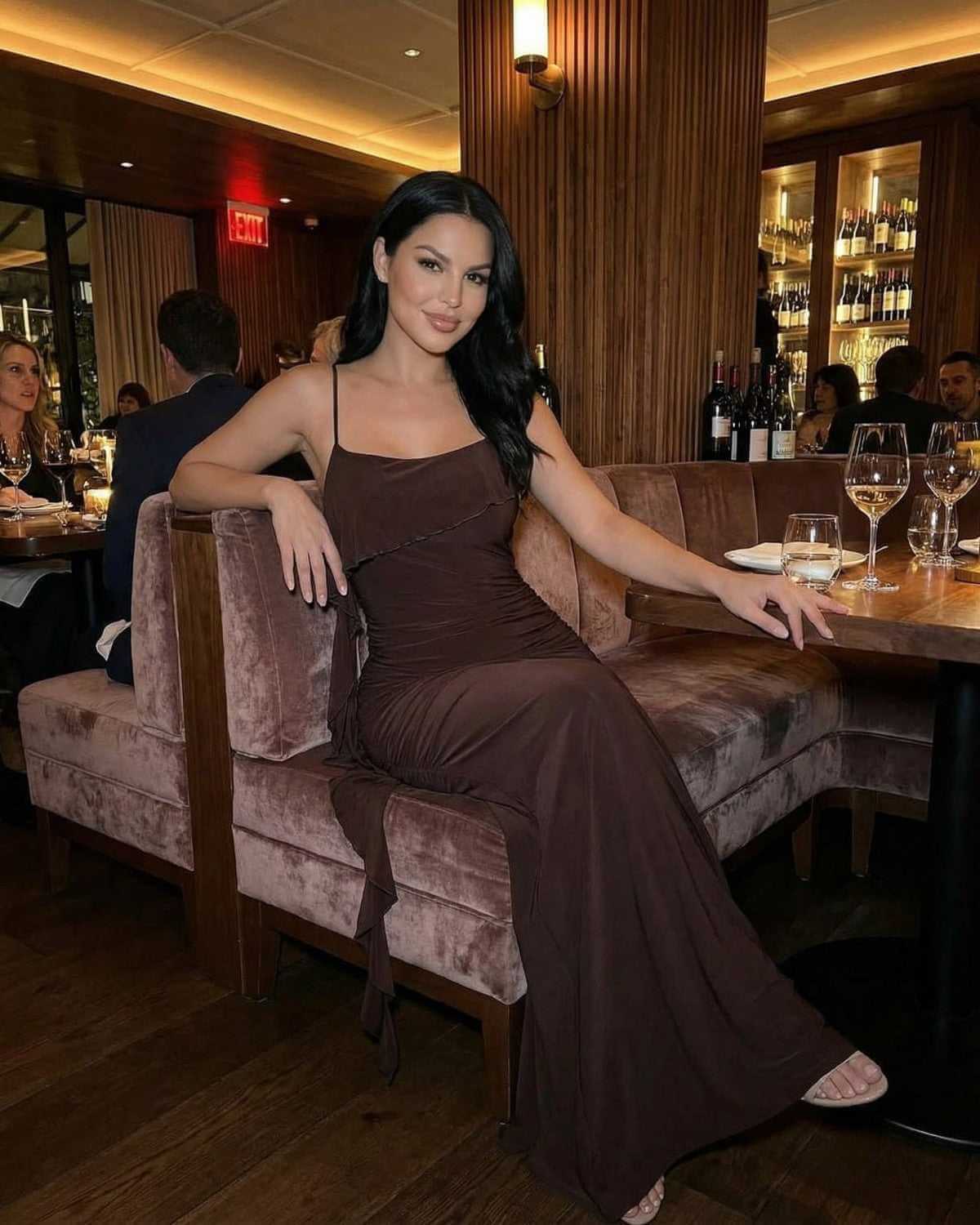 Mocha Maxi Dress by SLIMONA, Sleeveless Slip Maxi Dress with Fringe Detail, perfect for elegant occasions.