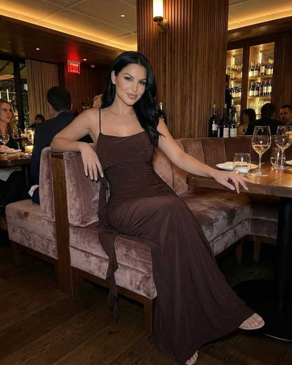 Mocha Maxi Dress by SLIMONA, Sleeveless Slip Maxi Dress with Fringe Detail, perfect for elegant occasions.